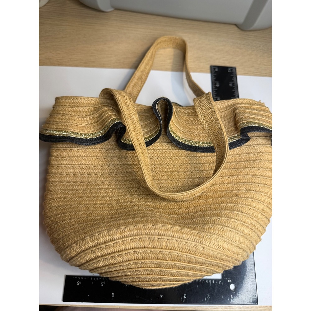 Woven Straw Ruffle Trim Tote Bag Tan Black Gold Metallic Summer Beach Handbag